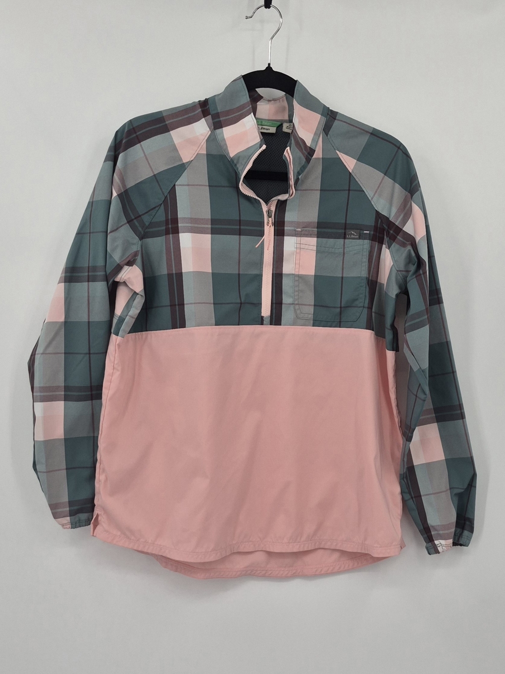 L.L.Bean Plaid Colorblock Quarter Zip Pullover Jacket Small Reg Pink & Green